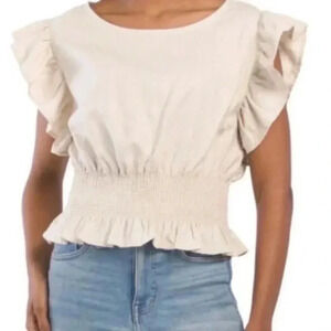 Cupcakes and Cashmere Cropped Linen Blend Flutter Sleeve Top  Blouse Size Large